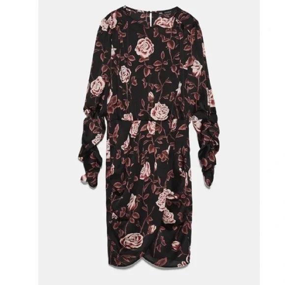 Zara Ruched Long Sleeve Rose Print Mini Asymmetrical Dress NWOT - Picture 7 of 13